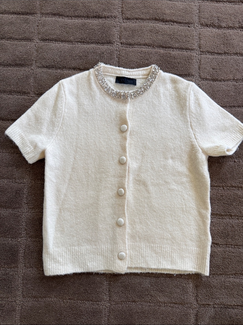 Zara Cream Jeweled-Collar Short-Sleeve Cardigan